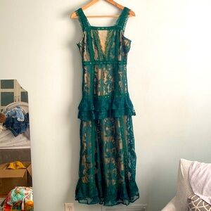 knee length dresses for ladies Sage Green Beaded Lace Long V Neck Dress With Open Back main image 1